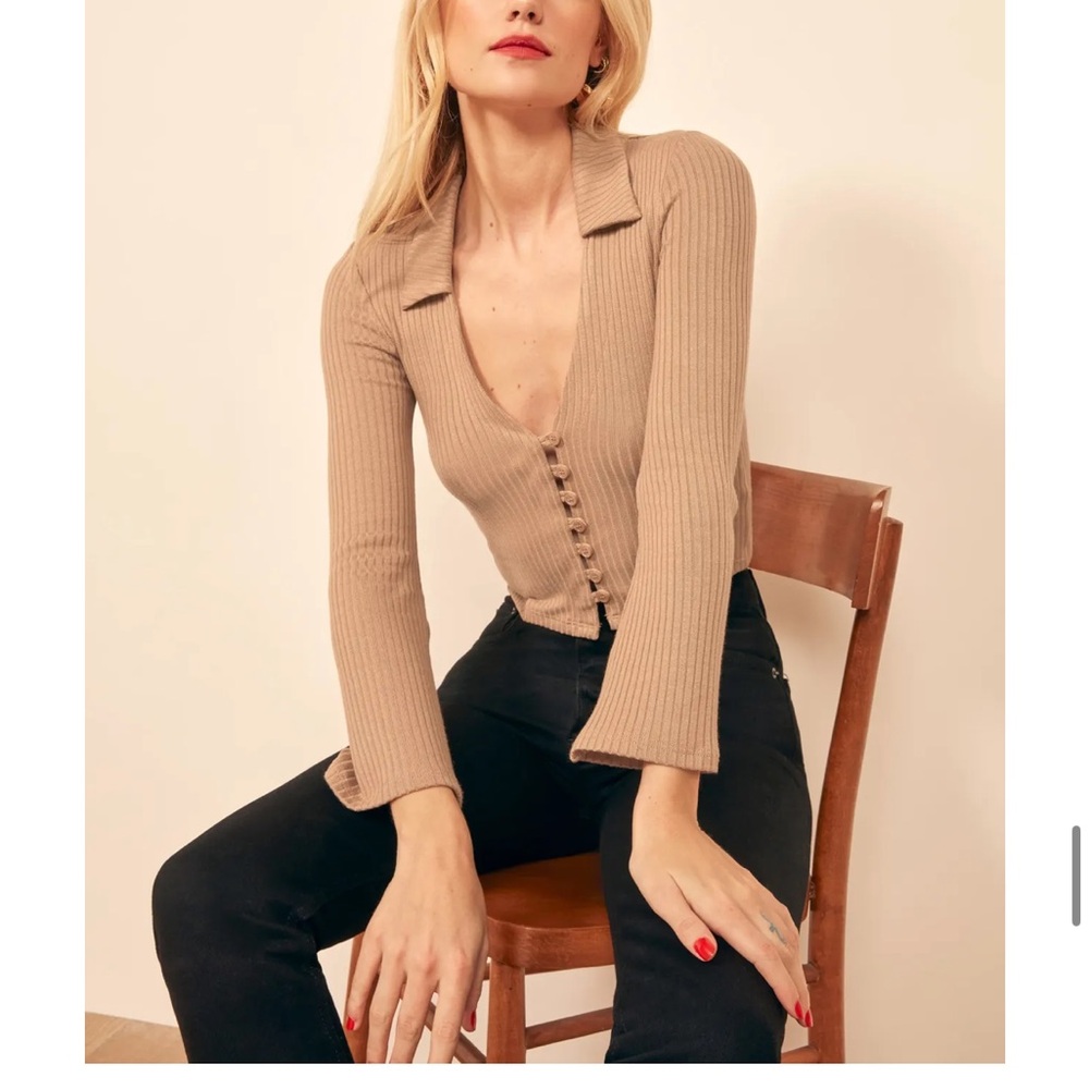 Reformation Tan Ribbed Button-Up Cardigan